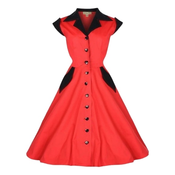 Lindy Bop Red and Black Midi Dress - Picture 1 of 8